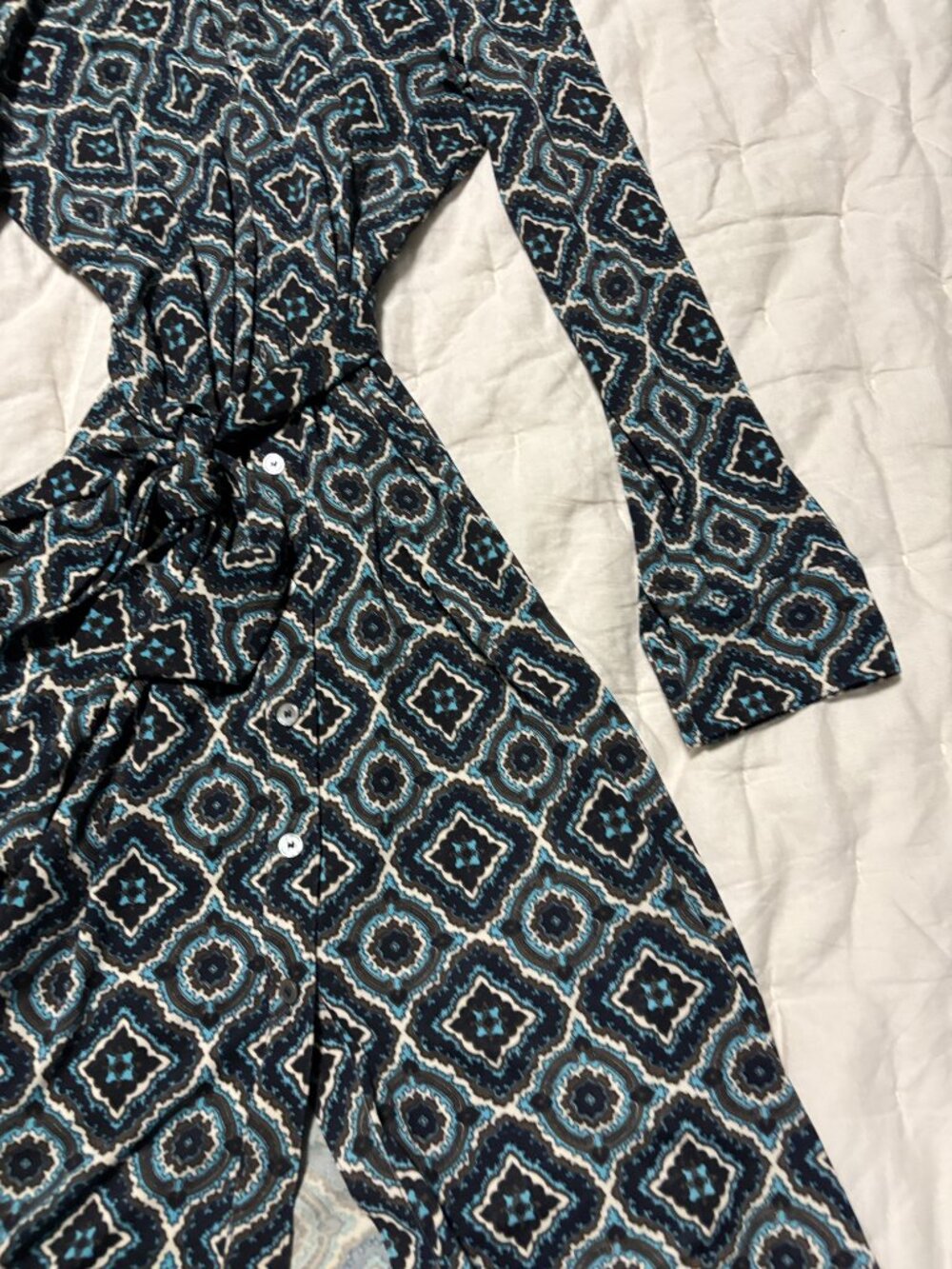 Talbots Button-up Tie Waist Dress Womens Size 14P Blue Multicolor NEW - Picture 2 of 6